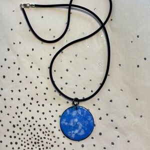 Handcrafted Boho Enamel Disc Necklace Blue and White on Black Cord